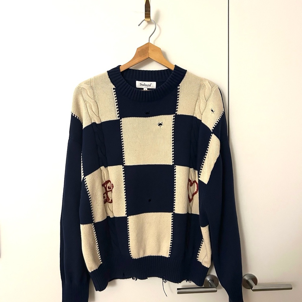 Found (formerly Profound) Checkered Fisherman Knit Sweater Navy Cream Size S - Picture 3 of 8